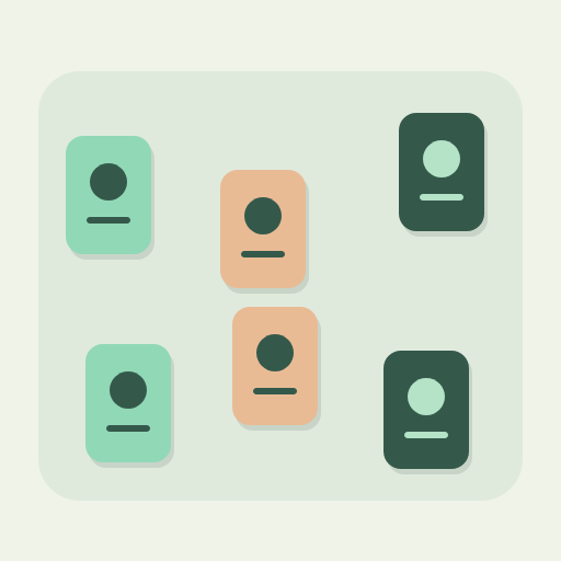 Six original mint, peach and forest cards sit at uneven offsets on a soft rounded backdrop