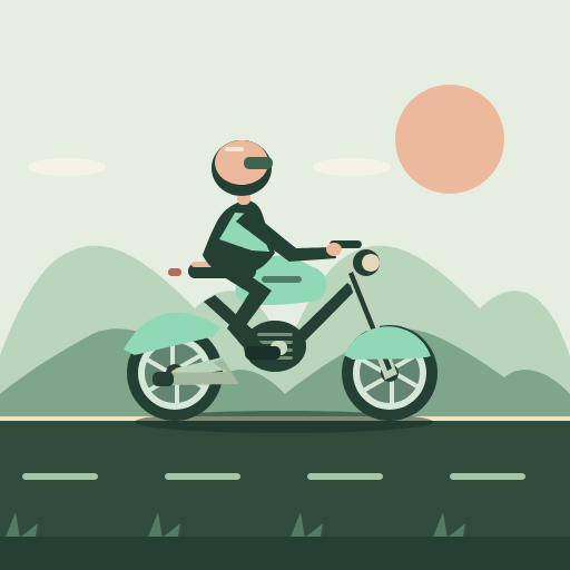An original mint motorcycle and peach-helmeted rider on a forest-green road, with layered hills and a peach sun