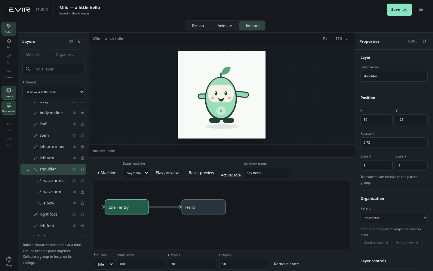 Actual Evir interaction view showing the Idle and Hello states and an isWaving test input