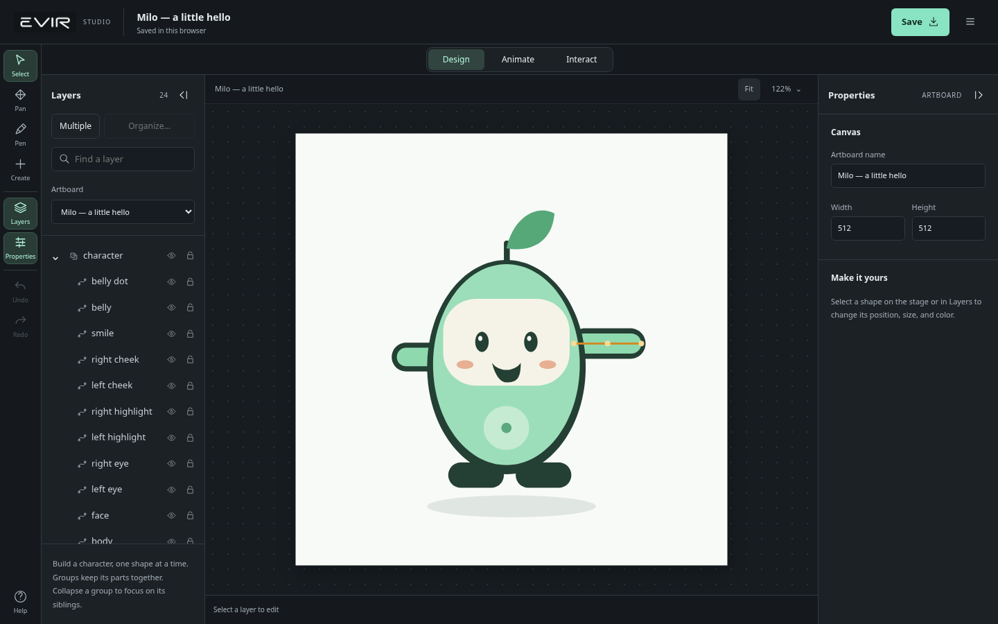 Actual Evir Studio showing the editable Milo character, layer hierarchy and contextual properties